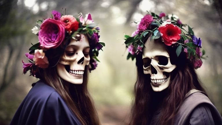 death with flowers around their head. generated by openart.ai using the prompt "a person with flowers in her hair faces a person with a skull for a face wearing a cloak over his head"