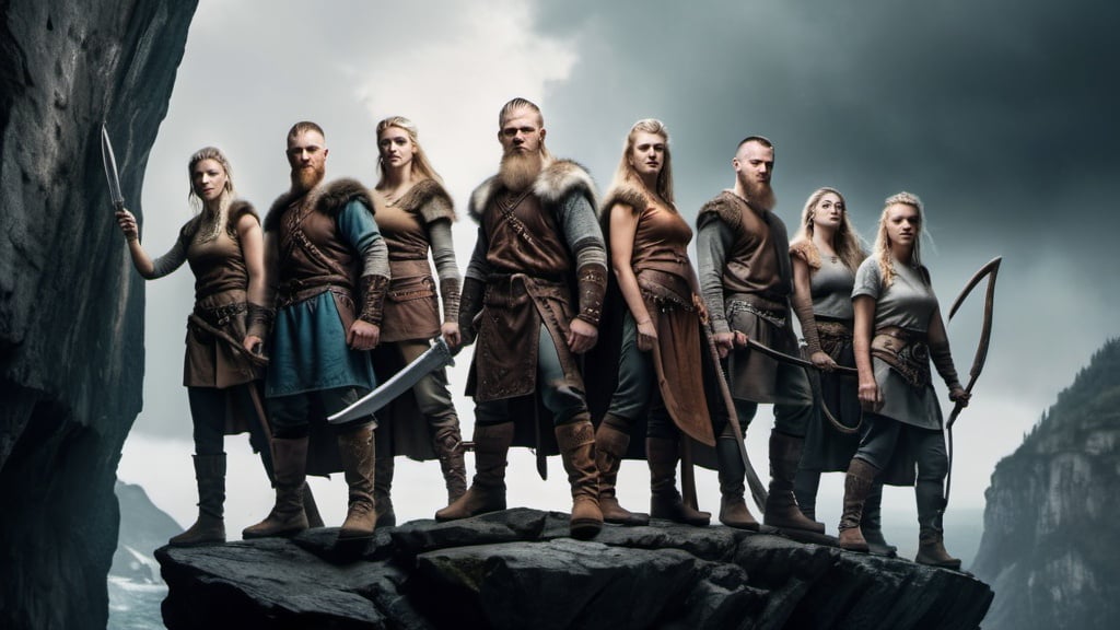 created on openart.ai with the prompt "eight vikings on the edge of a chasm, each with a different facial expression, holding a different weapon, and of different genders, men and women"